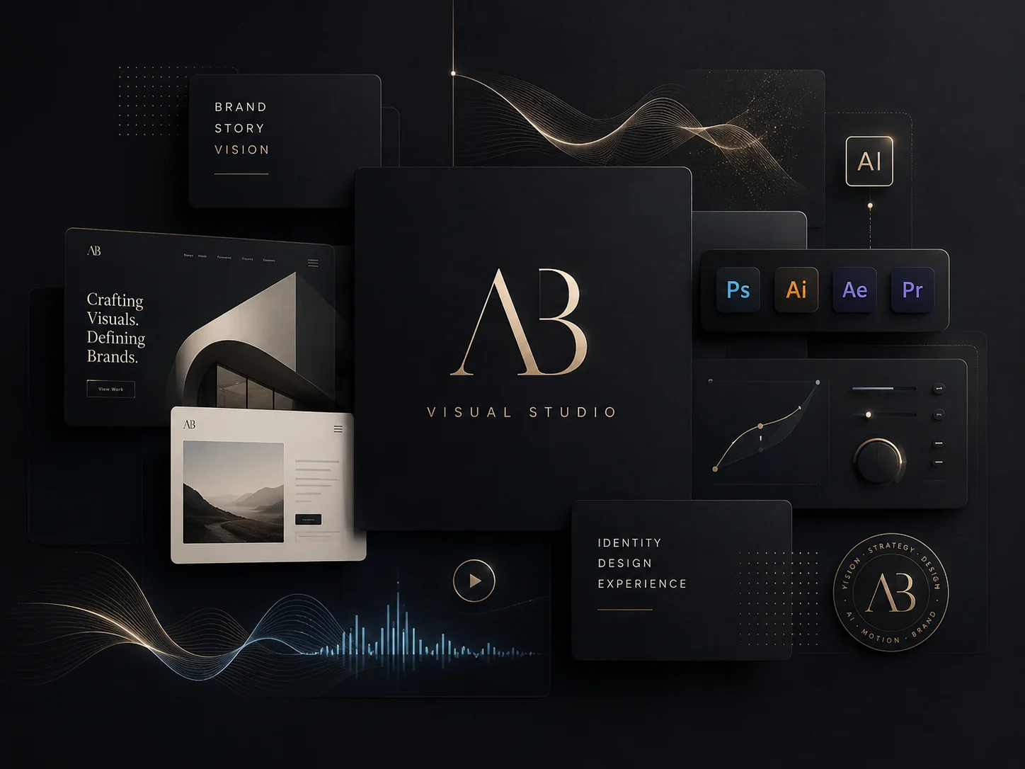 AB Visual Studio creative workspace with websites, software tools, music production interfaces, and brand visuals