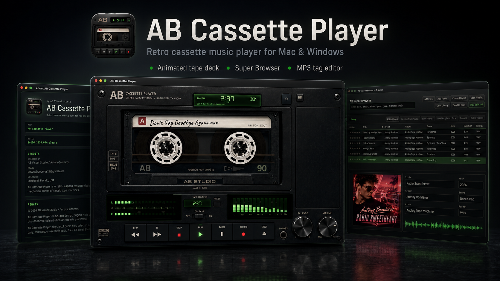 AB Cassette Player product preview with retro cassette interface, Super Browser, and MP3 tag editor