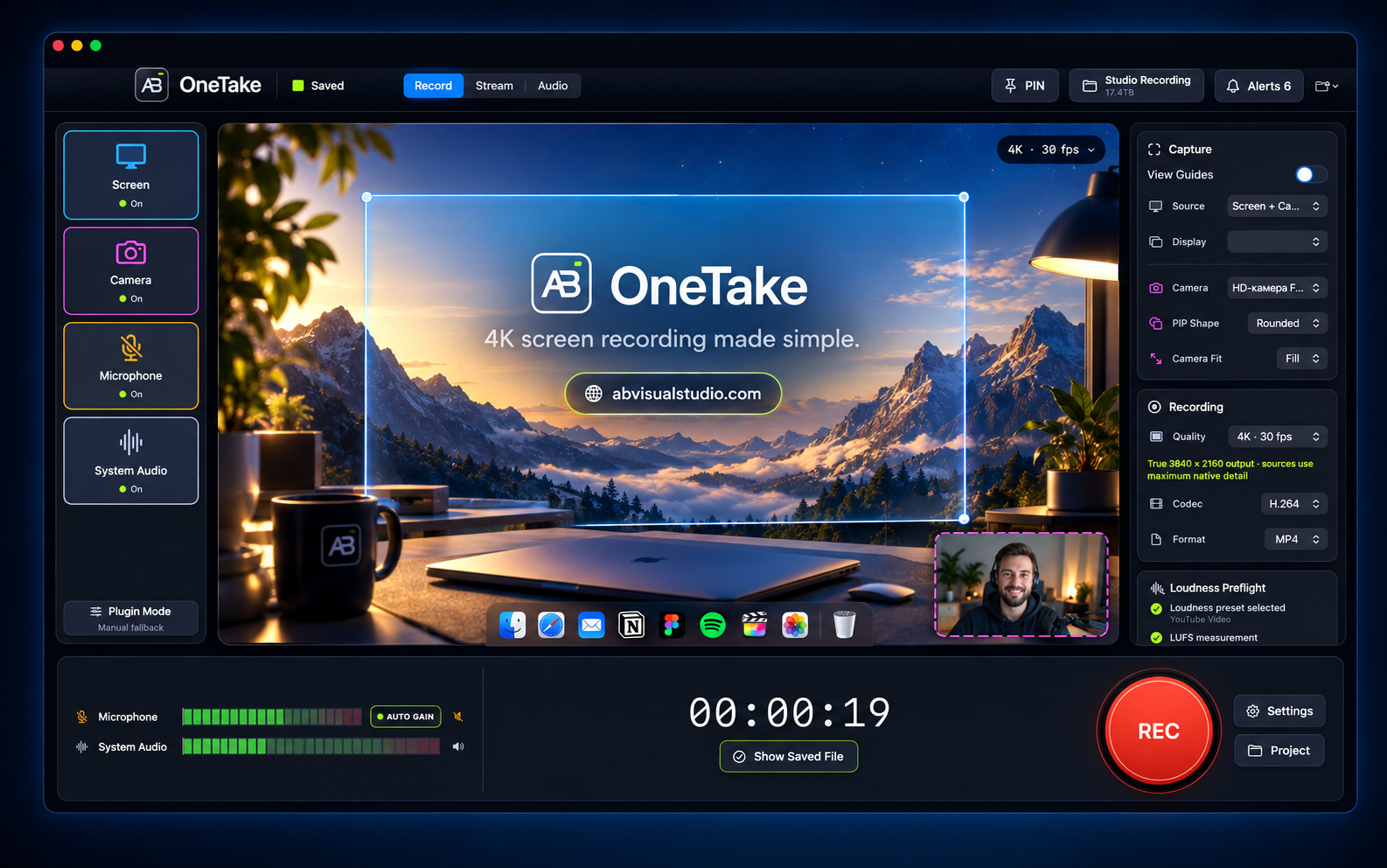 AB OneTake promotional artwork featuring screen recording